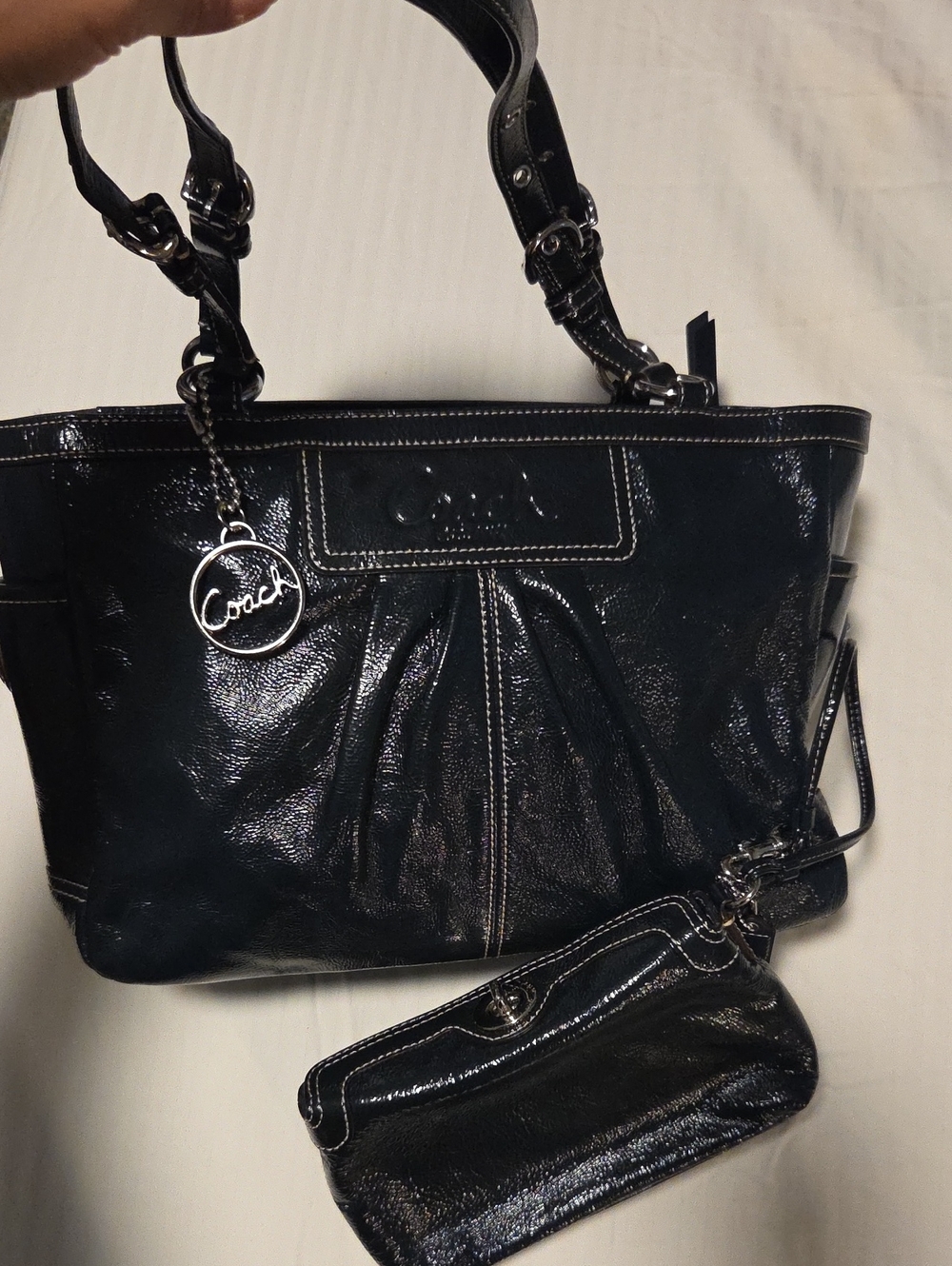 Coach Navy Blue Patent Leather Shoulder Tote with Wristlet
